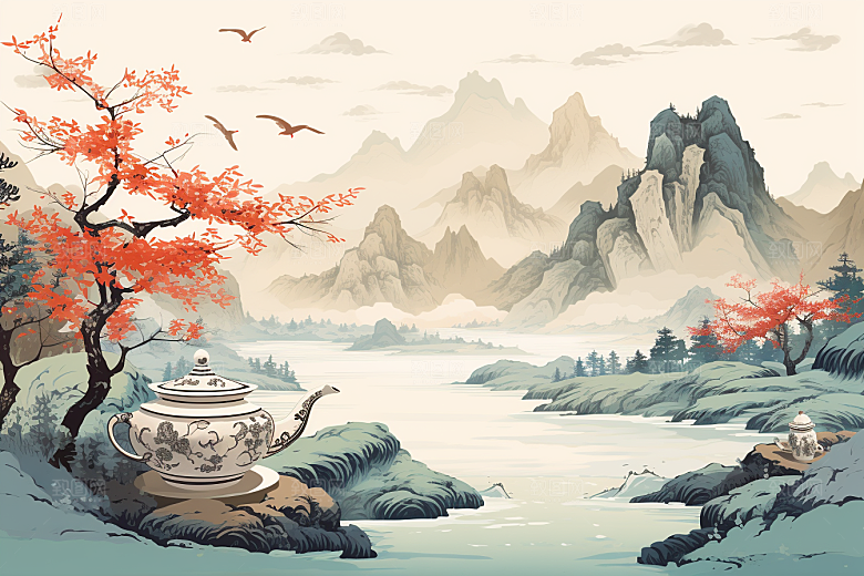 茶壶山水中国风手绘插画