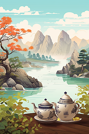 茶壶山水水墨中国风插画