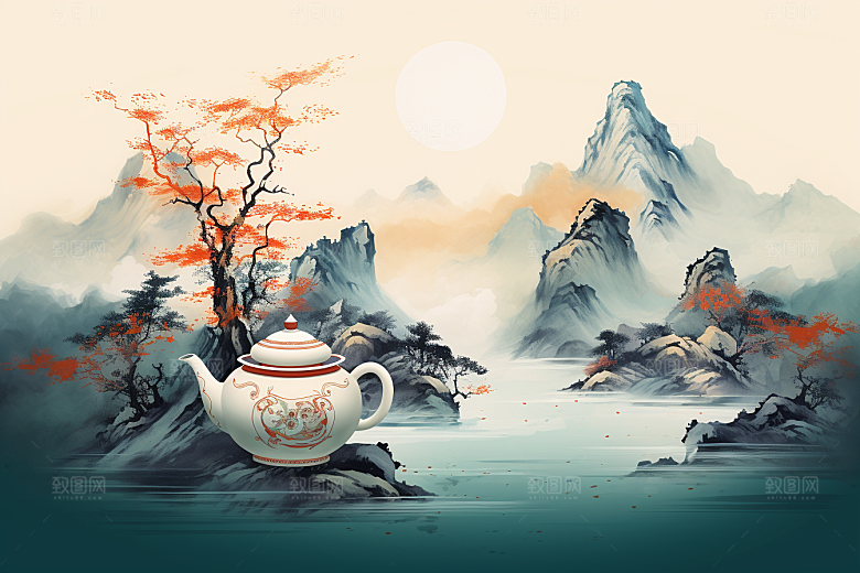 茶壶山水水墨国画插画