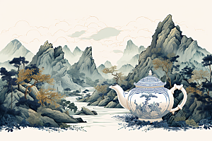 茶壶山水手绘中国风插画