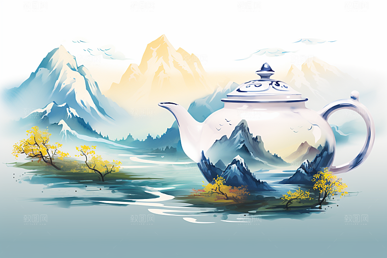 茶壶山水水墨风景插画