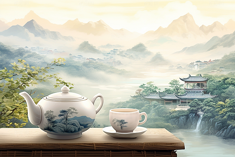 茶壶山水水墨风景插画