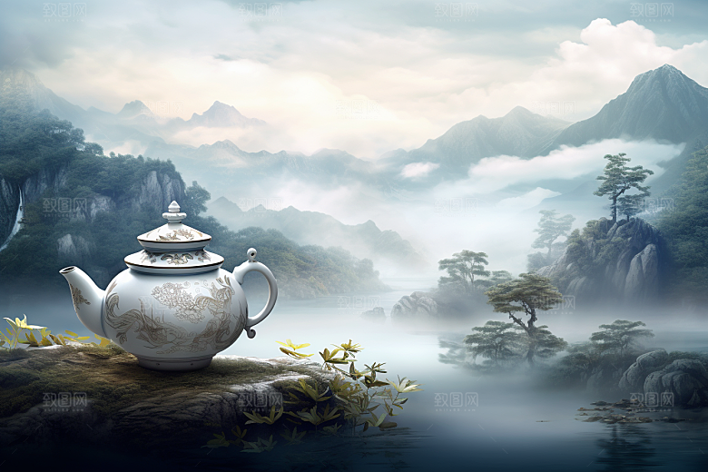 茶壶山水手绘水墨插画