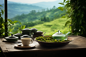 茶园茶具绿色品茶摄影图