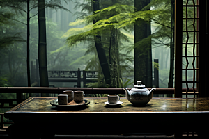 茶园茶具绿色茗茶摄影图