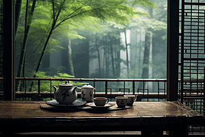 茶园茶具绿色清新摄影图