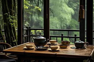 茶园茶具品茶绿色摄影图