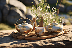 茶园茶具高清饮茶摄影图