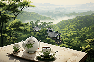 茶园茶具绿色喝茶摄影图