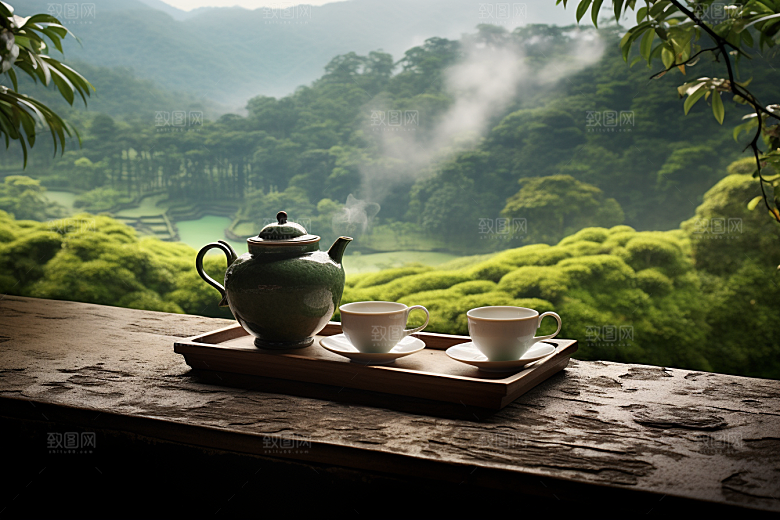 茶园茶具清新品茶摄影图