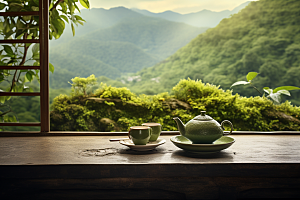 茶园茶具喝茶品茶摄影图