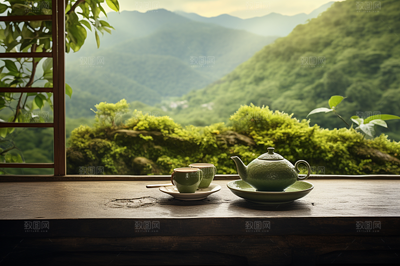 茶园茶具喝茶品茶摄影图