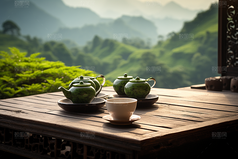 茶园茶具绿色饮茶摄影图