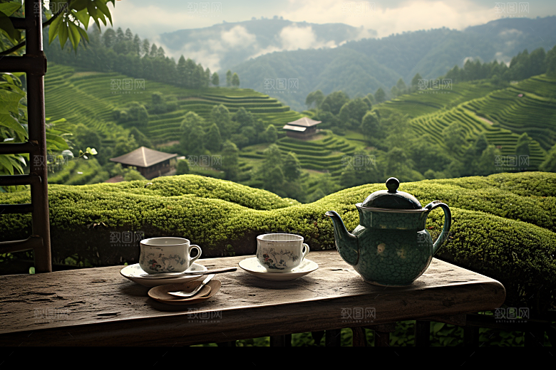 茶园茶具清新饮茶摄影图