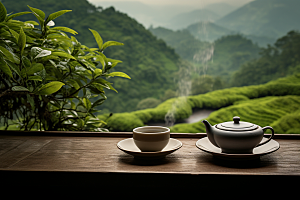 茶园茶具清新品茶摄影图