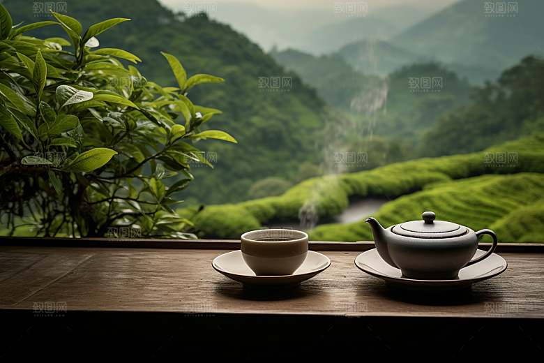 茶园茶具清新品茶摄影图