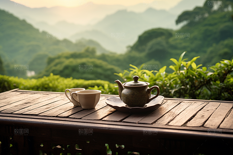 茶园茶具喝茶清新摄影图