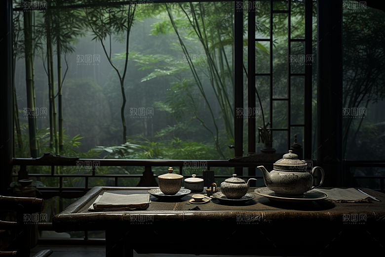 茶园茶具清新品茶摄影图
