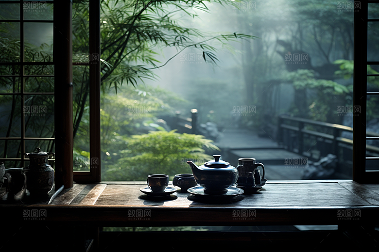 茶园茶具绿色清新摄影图