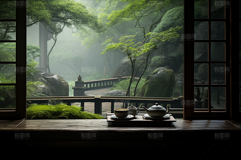 茶园茶具绿色饮茶摄影图