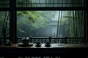 茶园茶具绿色饮茶摄影图