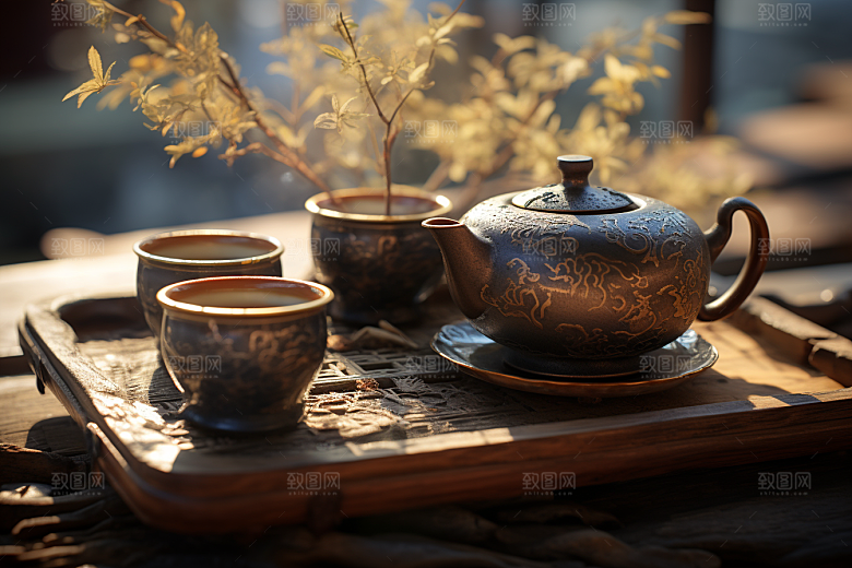 茶园茶具绿色品茶摄影图
