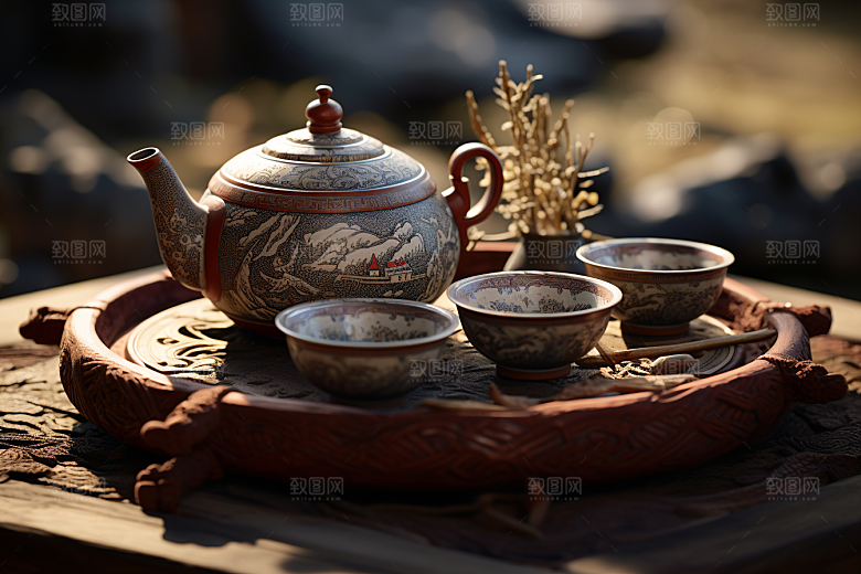 茶园茶具喝茶绿色摄影图