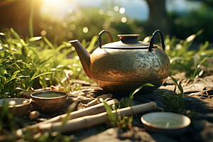 茶园茶具绿色饮茶摄影图