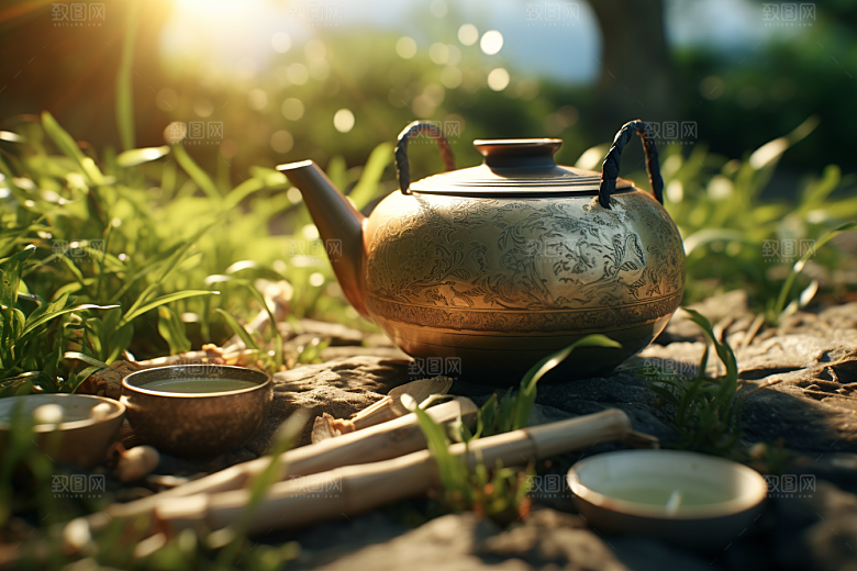 茶园茶具绿色饮茶摄影图
