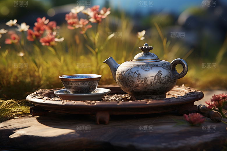茶园茶具清新饮茶摄影图