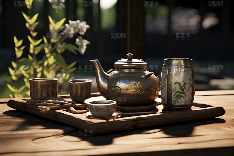 茶园茶具绿色喝茶摄影图