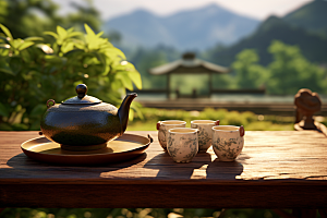 茶园茶具品茶饮茶摄影图