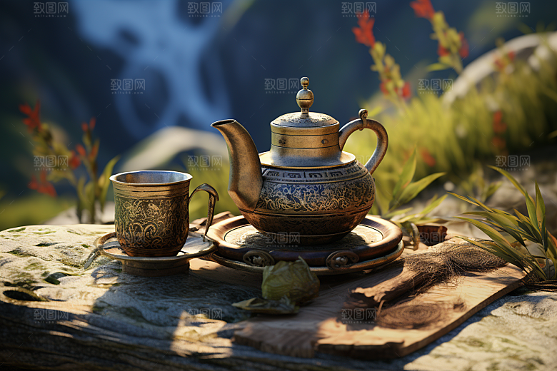 茶园茶具高清饮茶摄影图