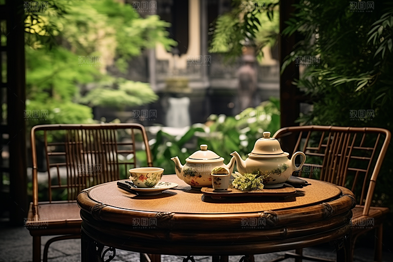 茶园茶具高清饮茶摄影图