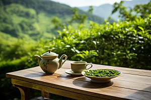 茶园茶具高清品茶摄影图