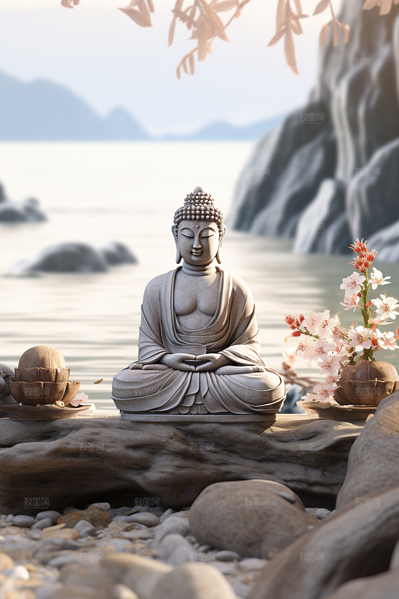 禅意佛像高山流水雕塑素材