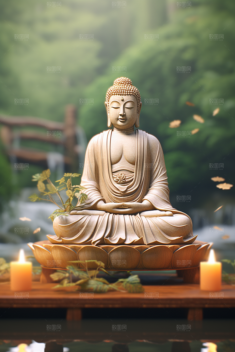 禅意佛像佛教高山流水素材