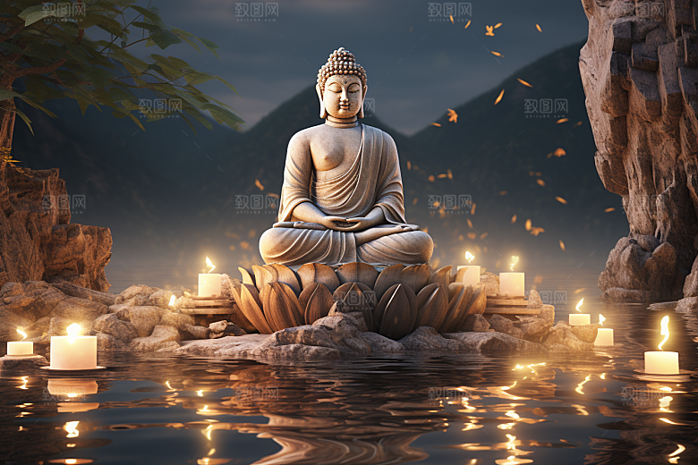 禅意佛像高山流水氛围素材