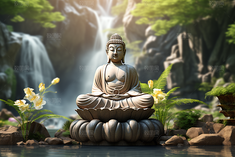 禅意佛像自然环境氛围素材