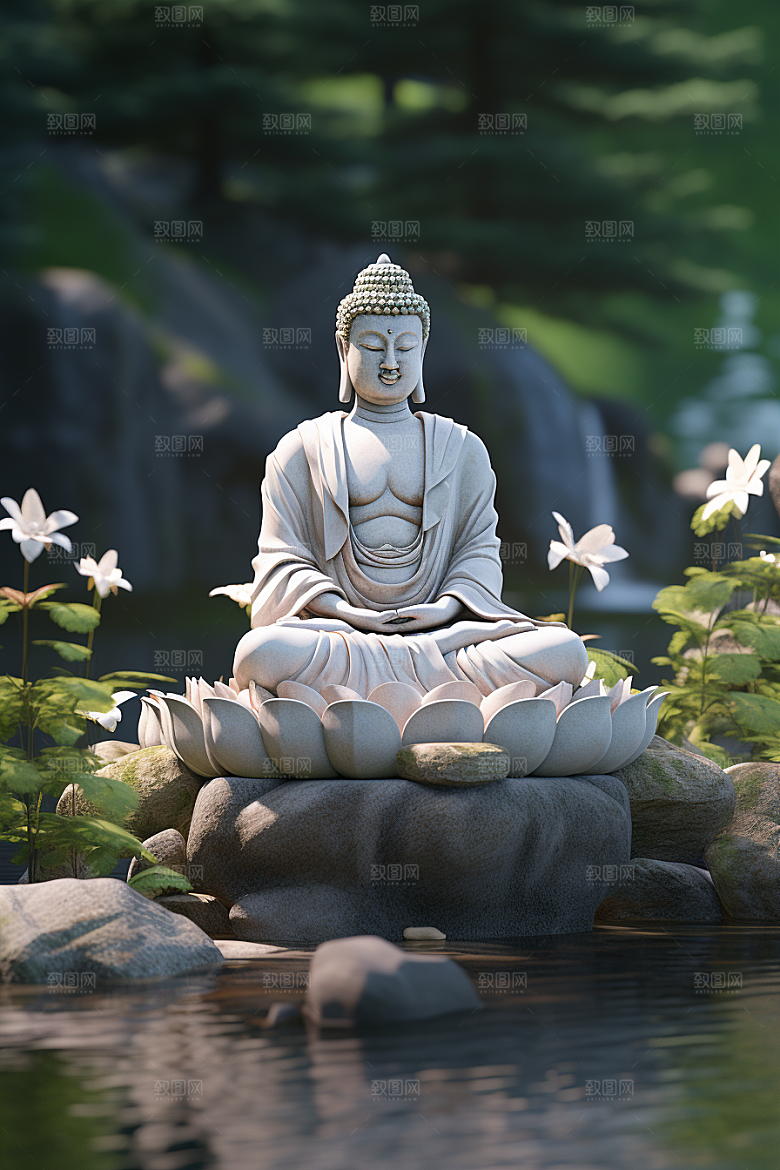 禅意佛像宗教高山流水素材