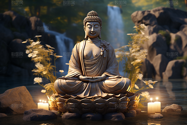 禅意佛像自然环境氛围素材