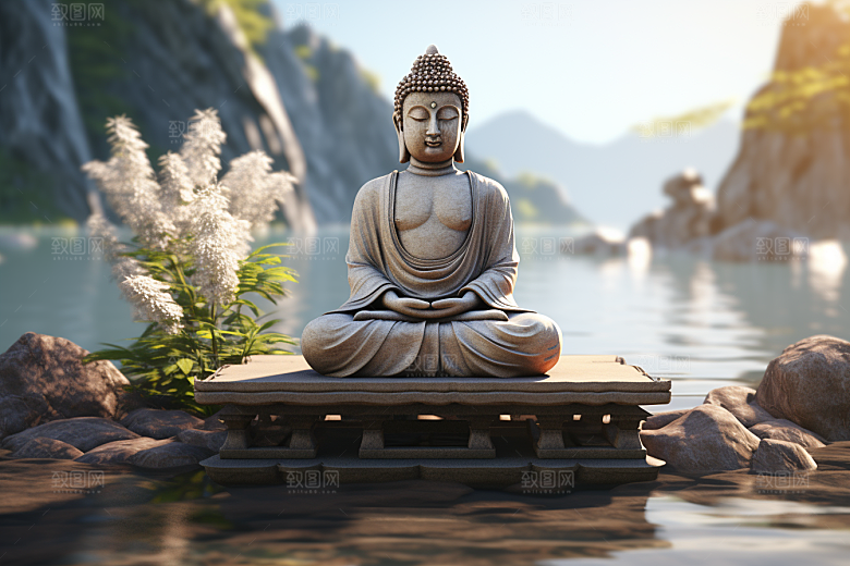 禅意佛像高山流水自然环境素材