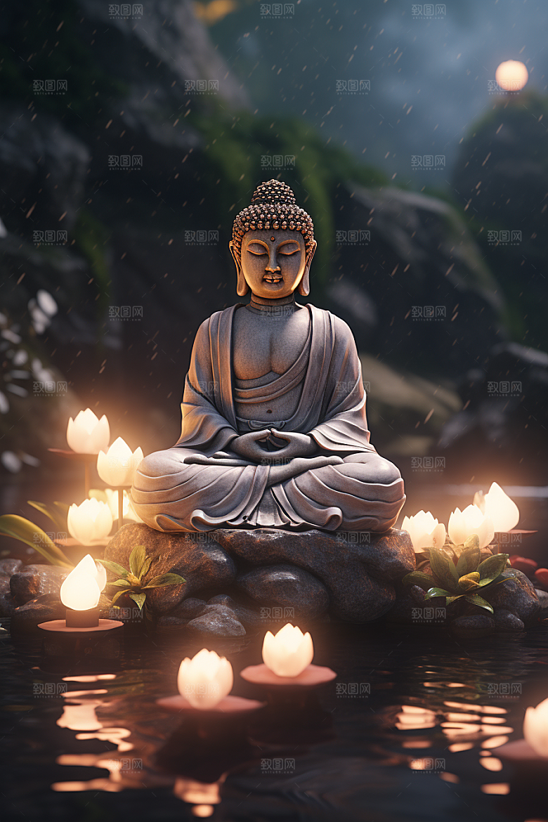 禅意佛像山水雕塑素材