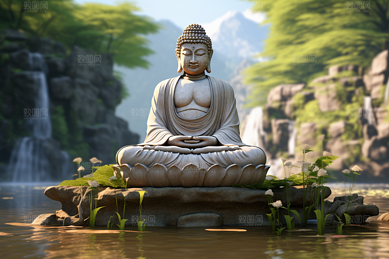 禅意佛像山水雕像素材