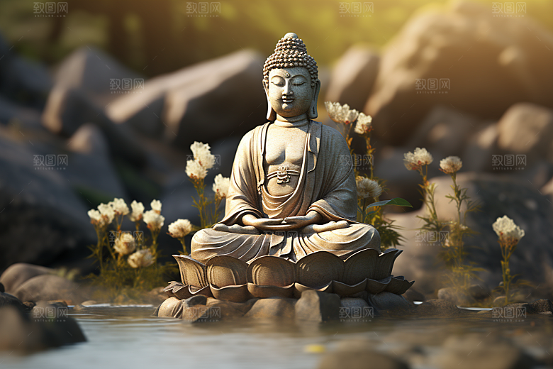 禅意佛像石雕高山流水素材