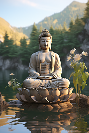 禅意佛像山水佛教素材
