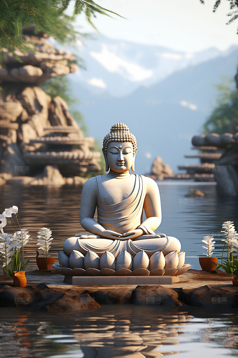 禅意佛像山水高山流水素材