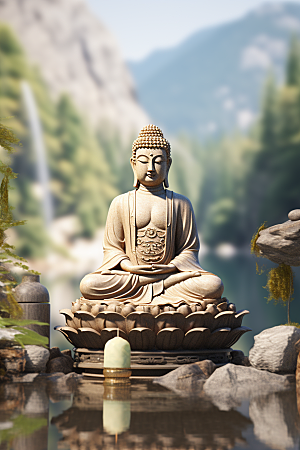 禅意佛像高山流水平和素材