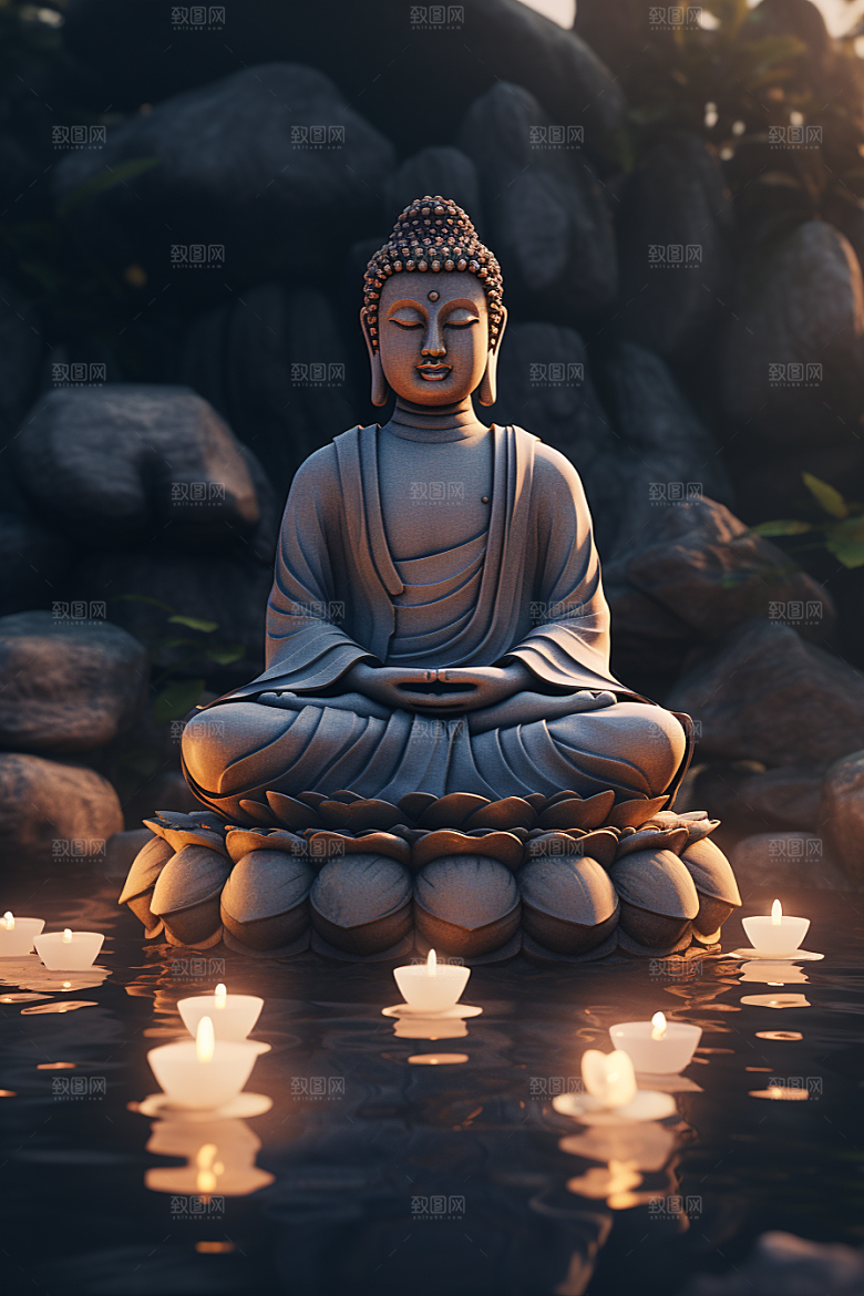 禅意佛像山水雕像素材