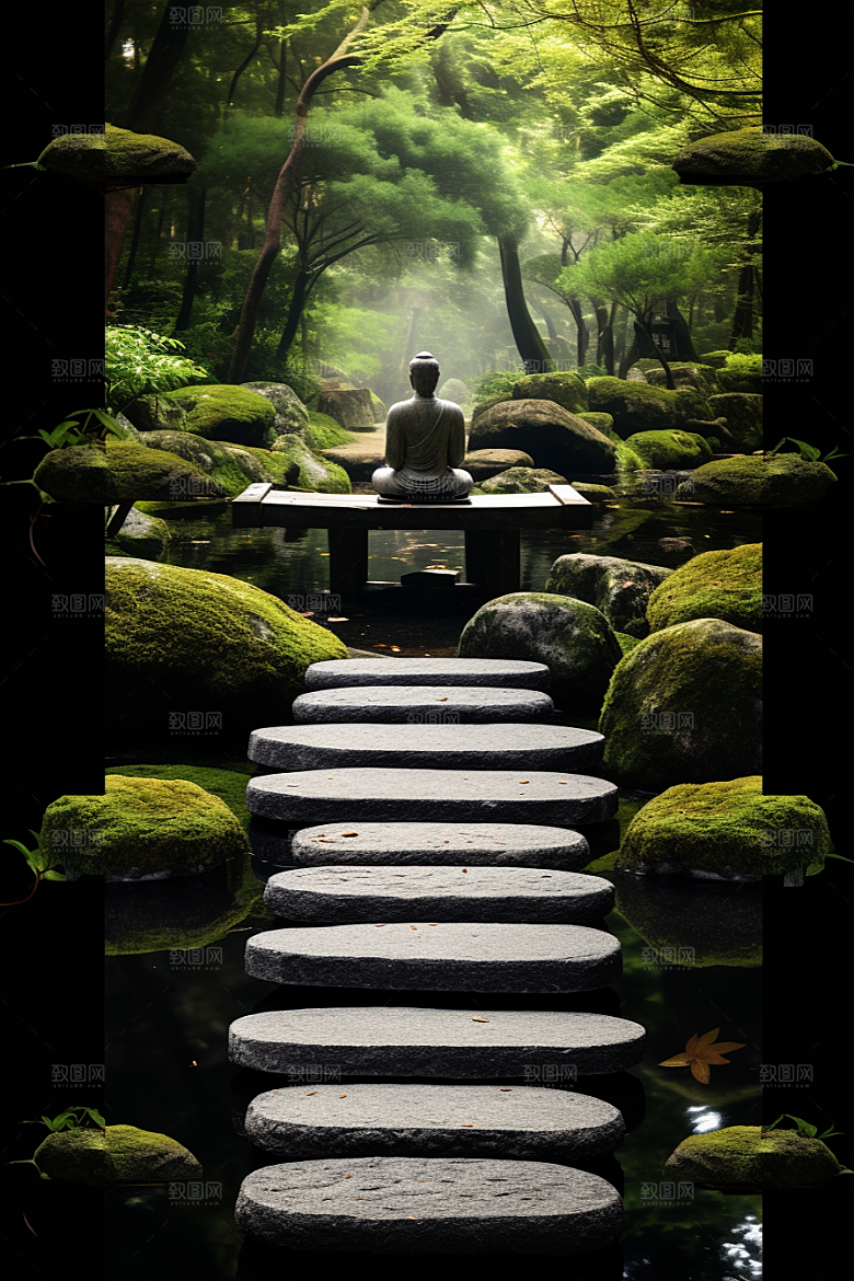 禅意佛像高山流水石雕素材